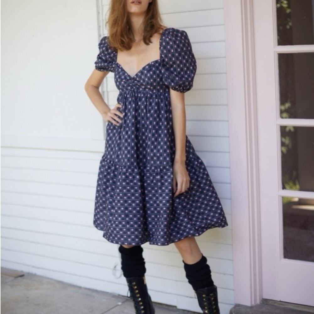 NWOT Selkie Austrian Dream Madonna floral Navy Puff Sleeve Dress